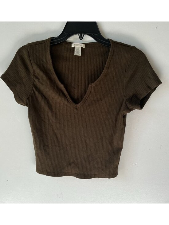 Tops - Dark Brown Ribbed V-Neck Top